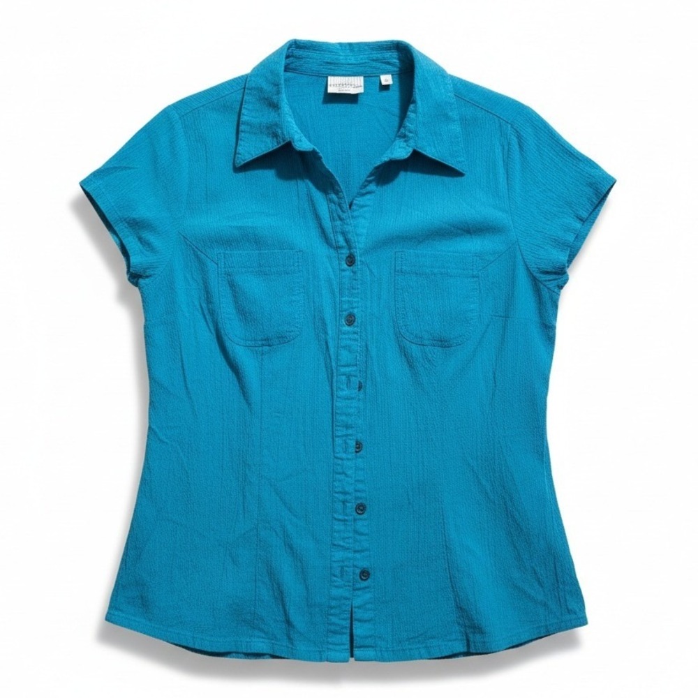 White Stag Woman Turquoise Blue Crinkle Stretch Button Down Shirt Short Sleeve